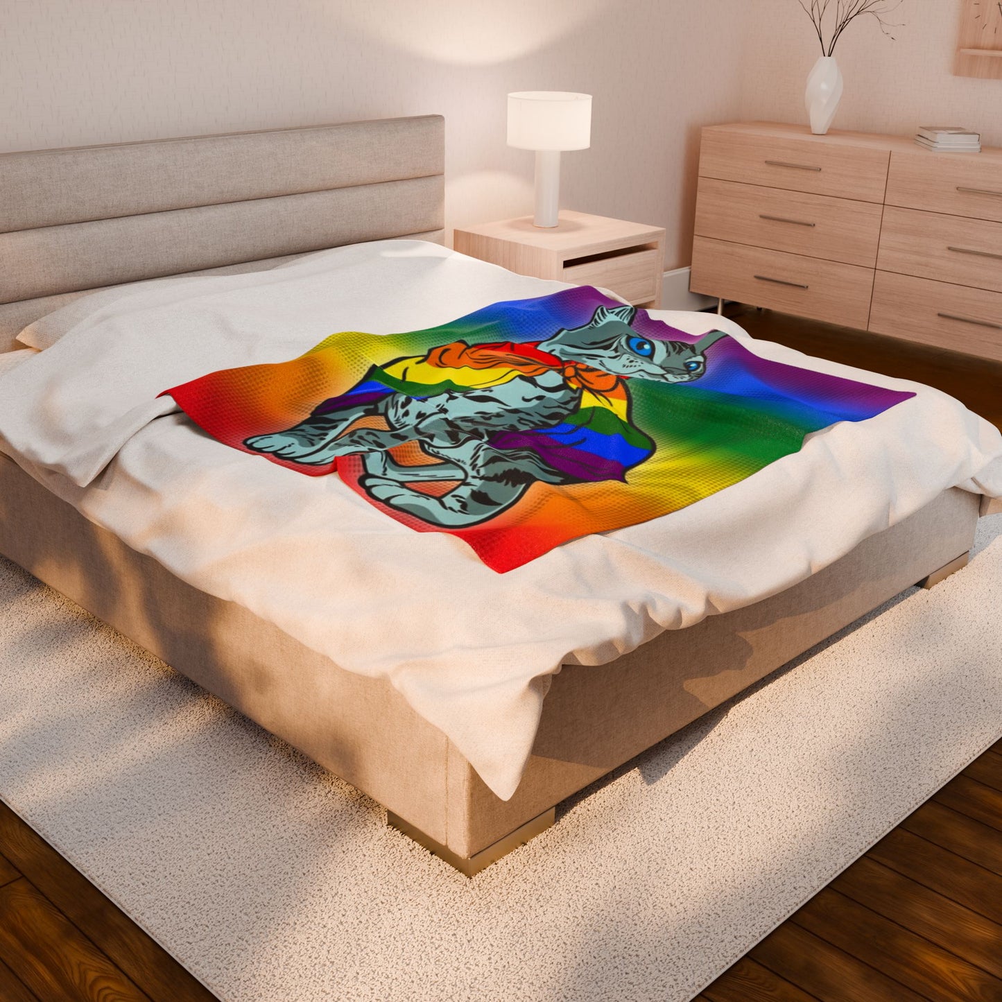 Pride Cat Velveteen Plush Blanket — Rainbow Cape Kitten Throw