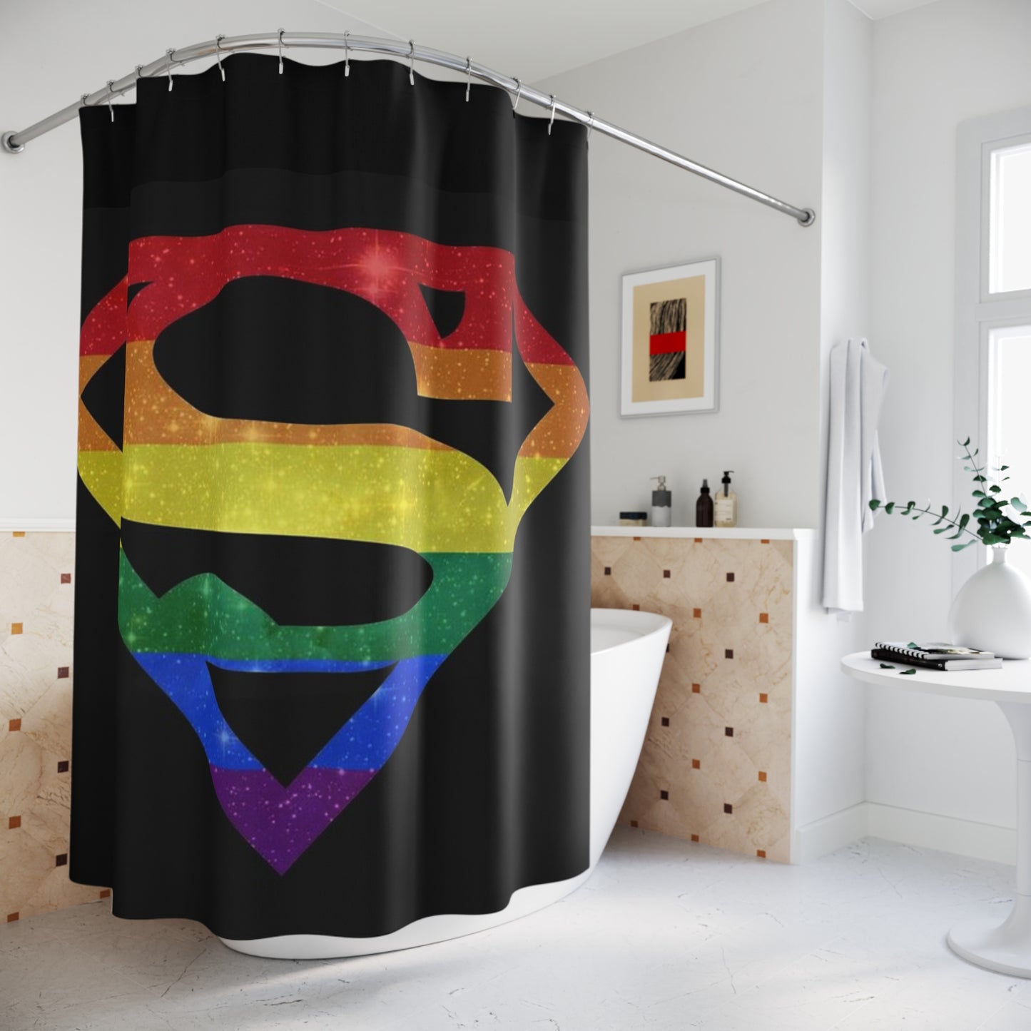 Pride Superhero Shower Curtain — Rainbow S Emblem on Black