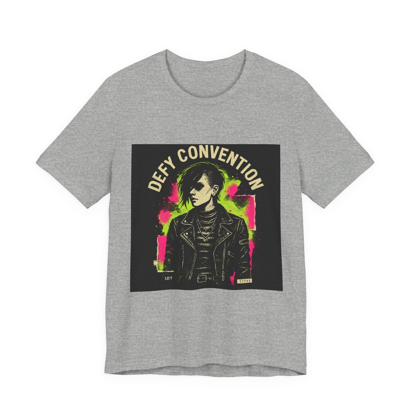 Defy Convention Punk Graphic Tee — Retro Goth Leather Jacket Design