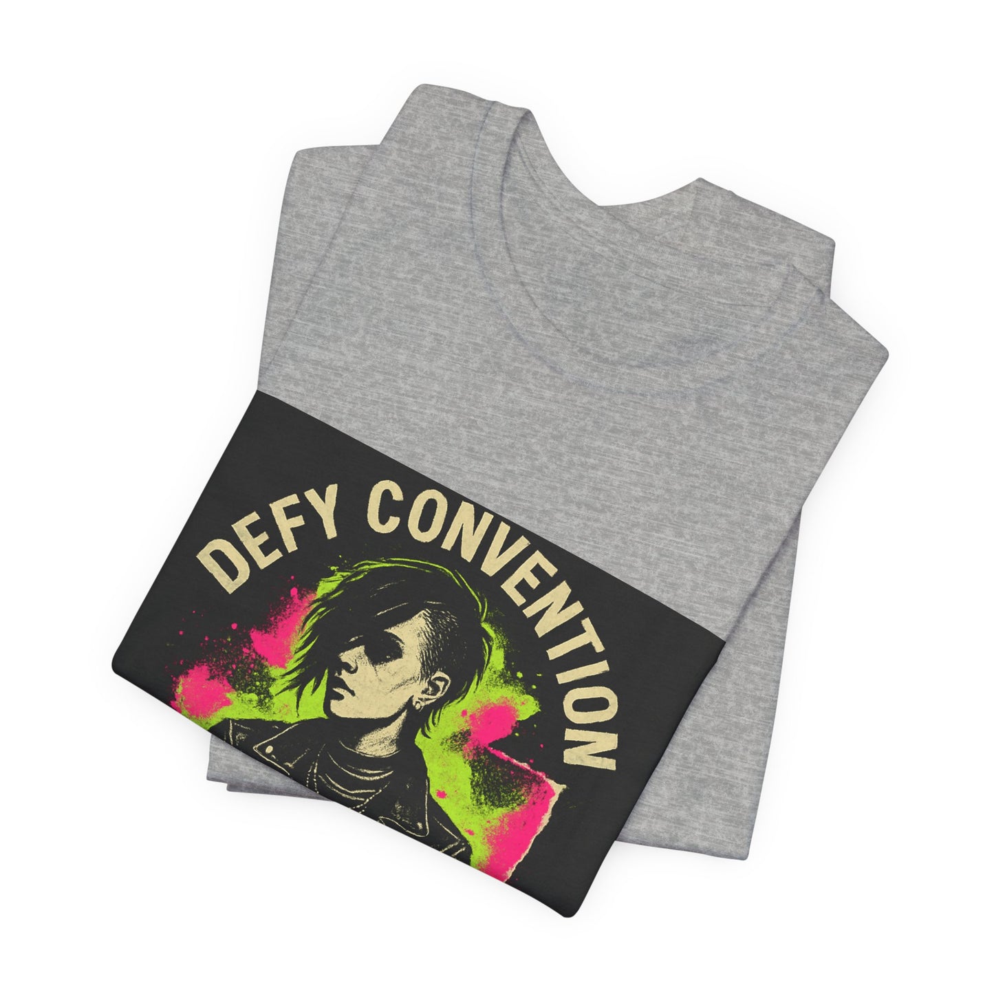Defy Convention Punk Graphic Tee — Retro Goth Leather Jacket Design