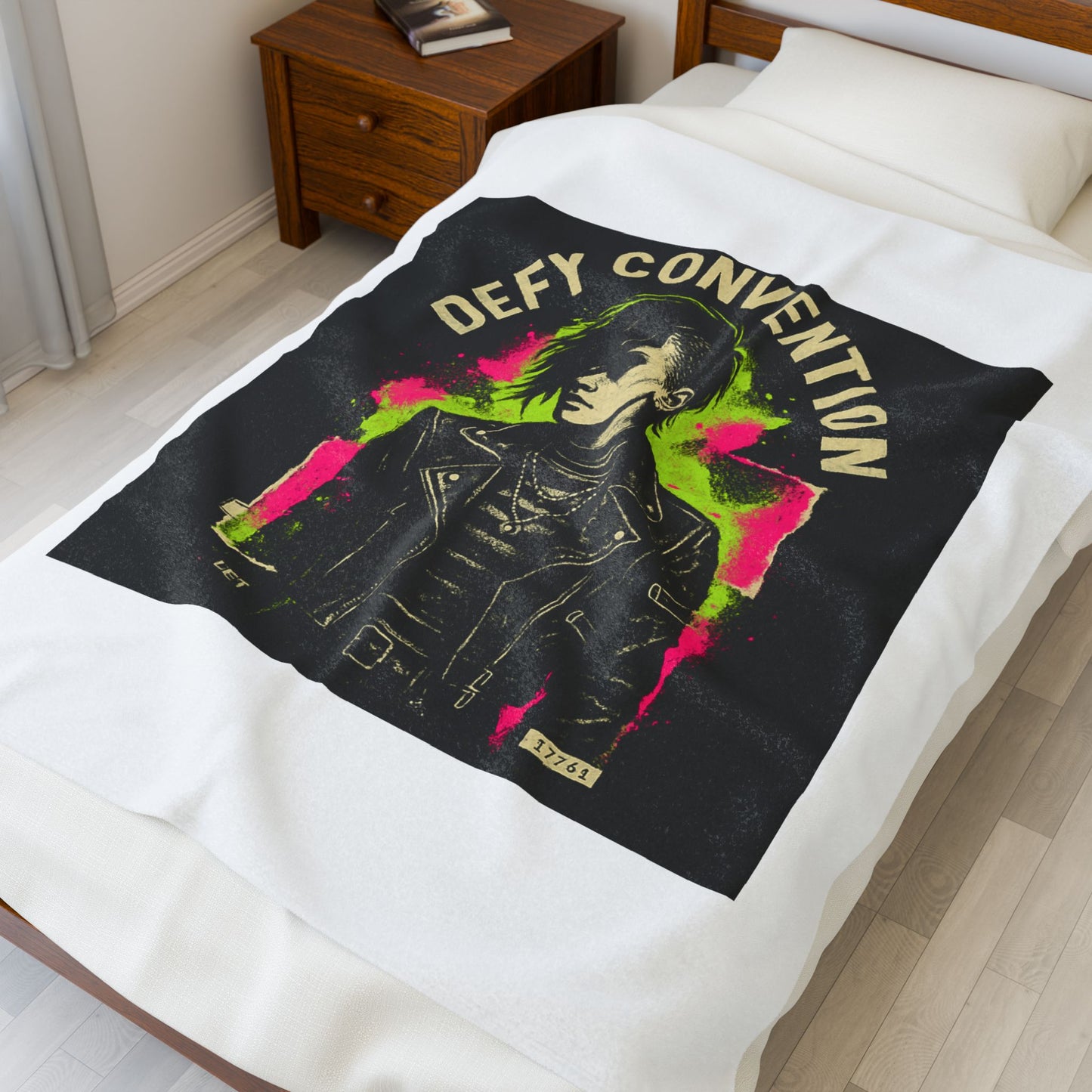 Defy Convention Velveteen Plush Blanket — Punk Goth Leather Jacket Design