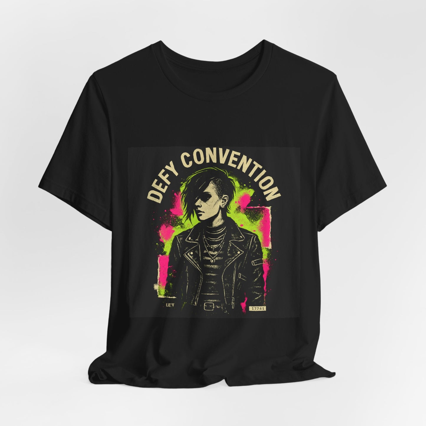 Defy Convention Punk Graphic Tee — Retro Goth Leather Jacket Design