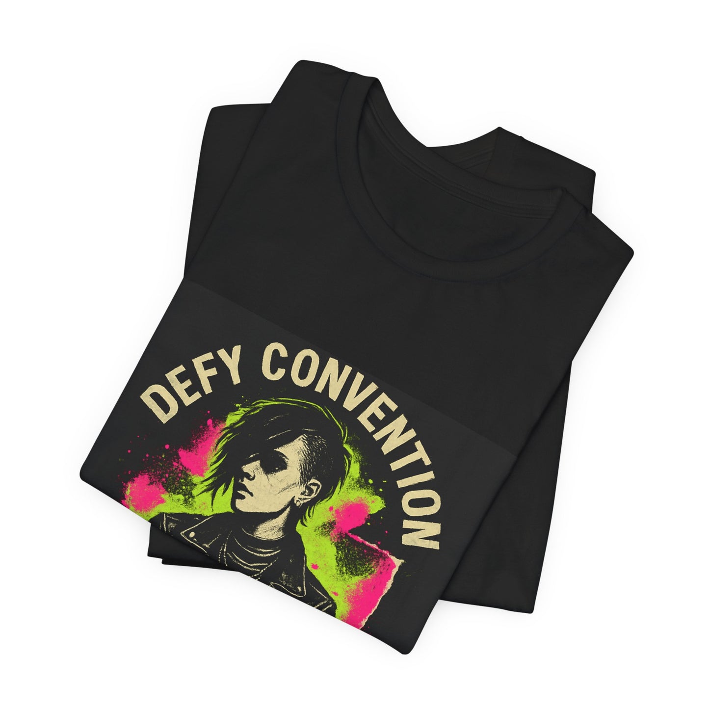 Defy Convention Punk Graphic Tee — Retro Goth Leather Jacket Design