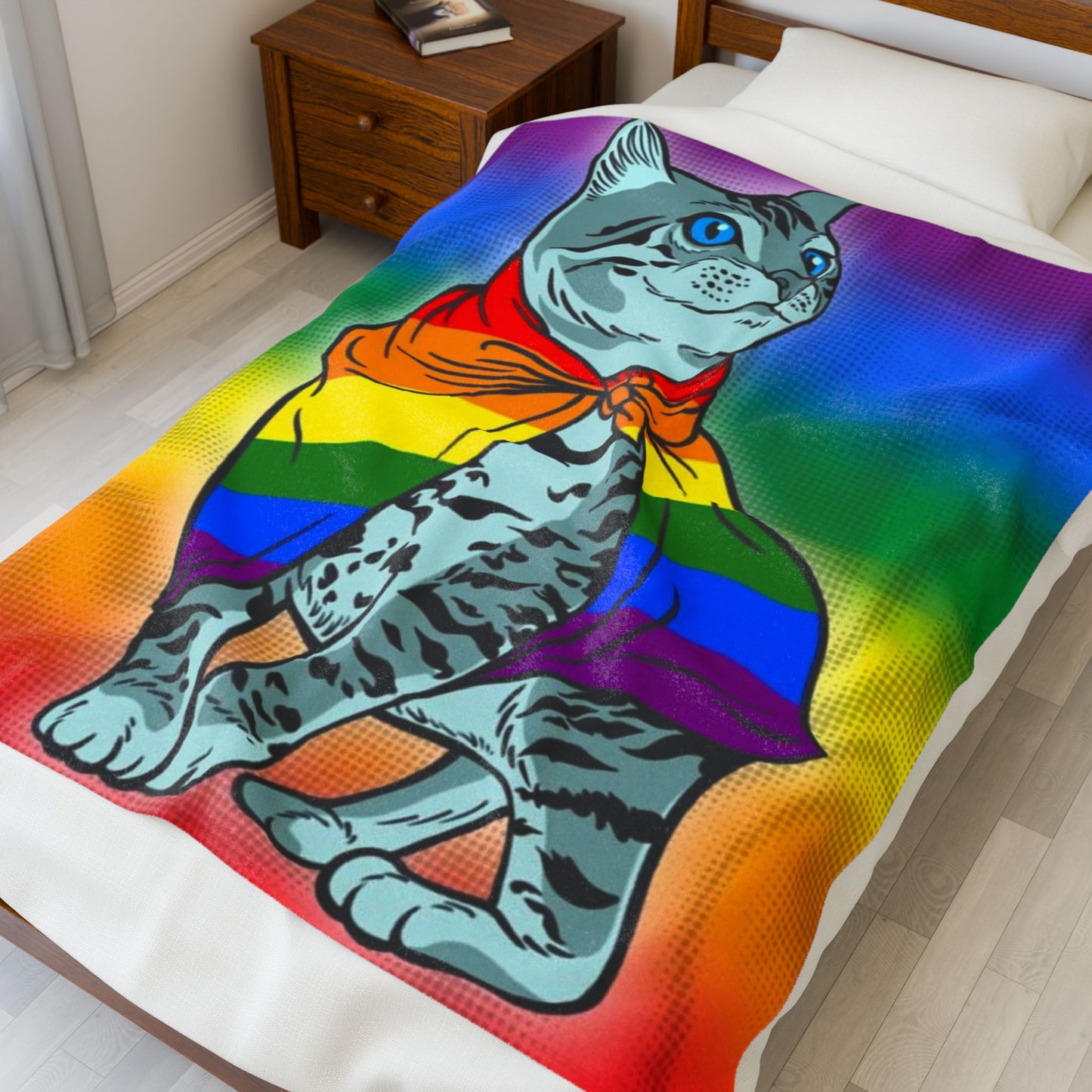 Pride Cat Velveteen Plush Blanket — Rainbow Cape Kitten Throw