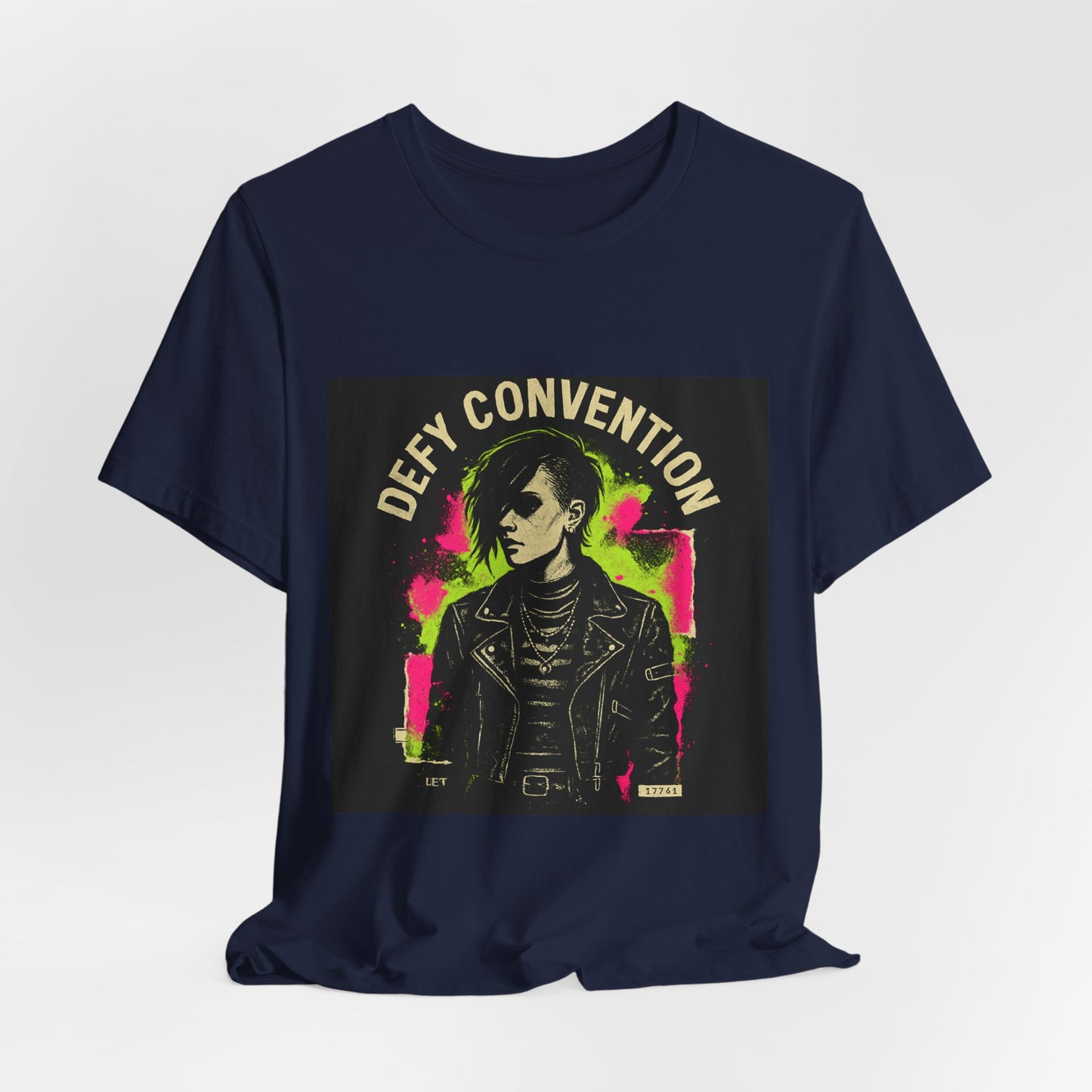 Defy Convention Punk Graphic Tee — Retro Goth Leather Jacket Design