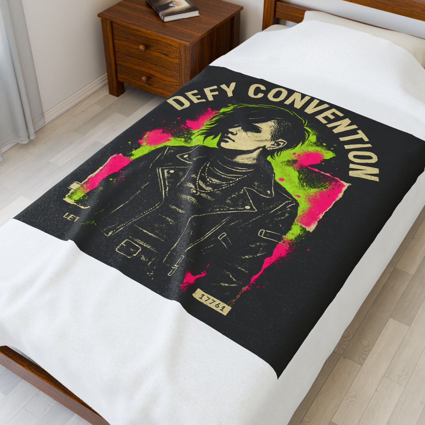 Defy Convention Velveteen Plush Blanket — Punk Goth Leather Jacket Design