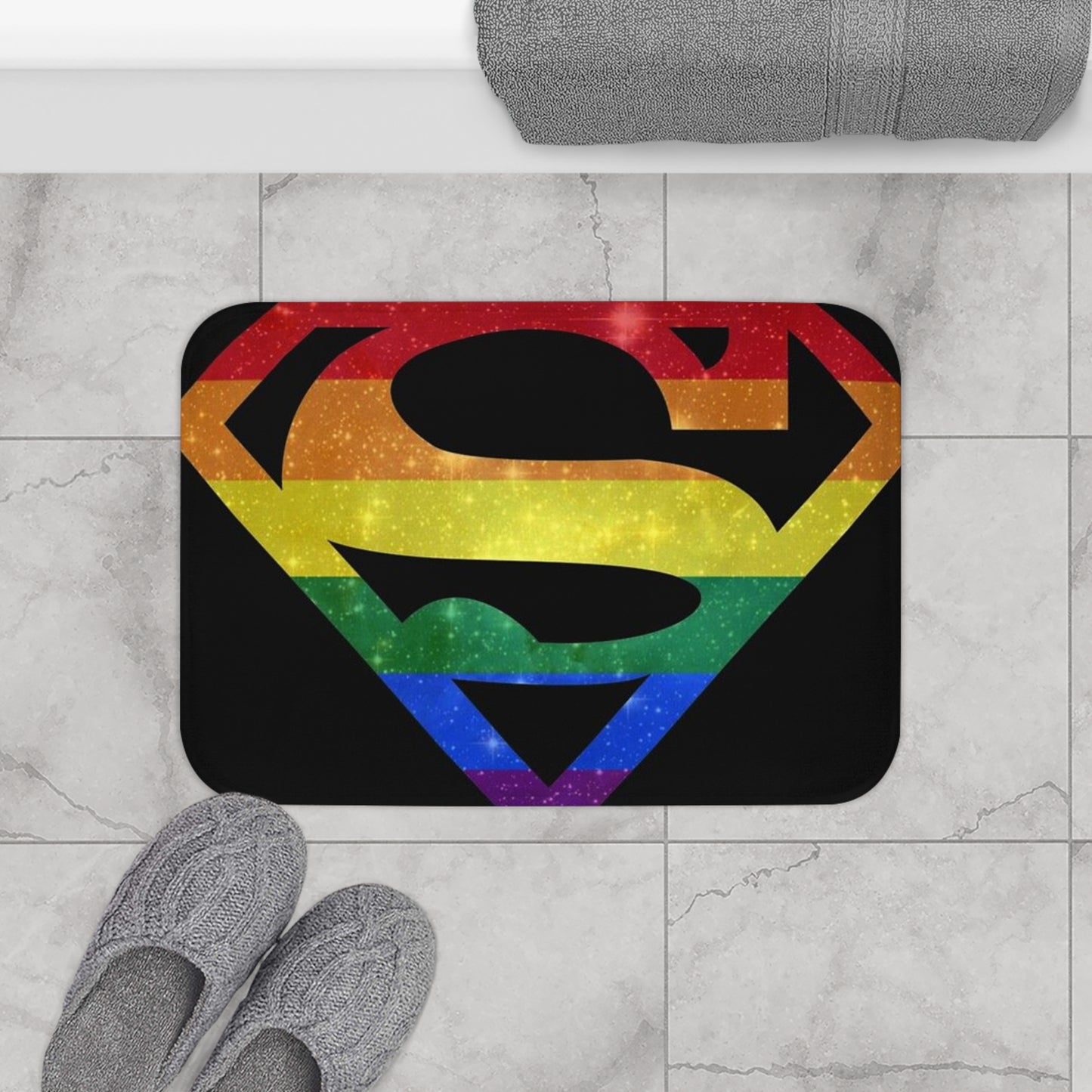 Rainbow Superhero Bath Mat — Pride Superman Logo Bathroom Rug
