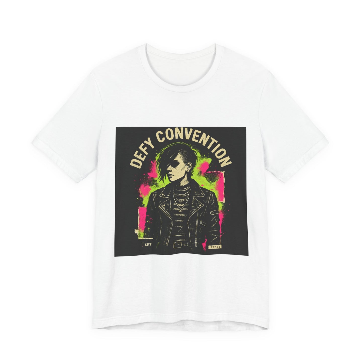 Defy Convention Punk Graphic Tee — Retro Goth Leather Jacket Design