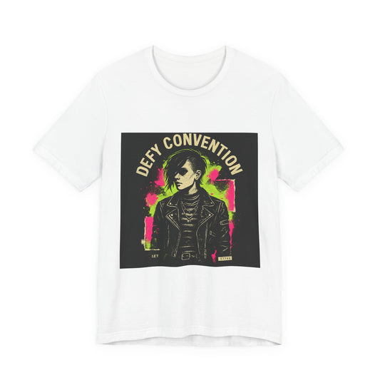 Defy Convention Punk Graphic Tee — Retro Goth Leather Jacket Design