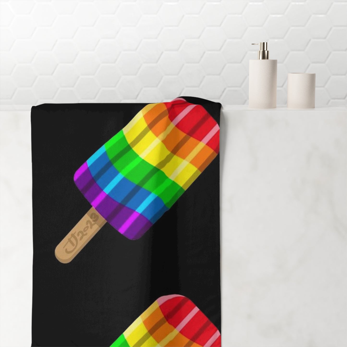 Rainbow Popsicle Beach Towel — Pride Rainbow Ice Pop Design on Black