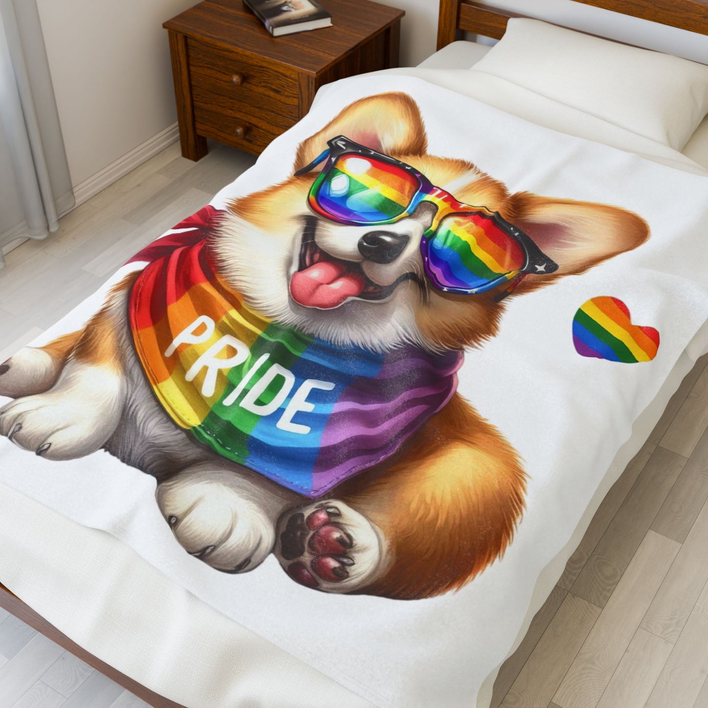 Pride Corgi Velveteen Plush Blanket — Rainbow Sunglasses & 'PRIDE' Bandana Cozy Throw