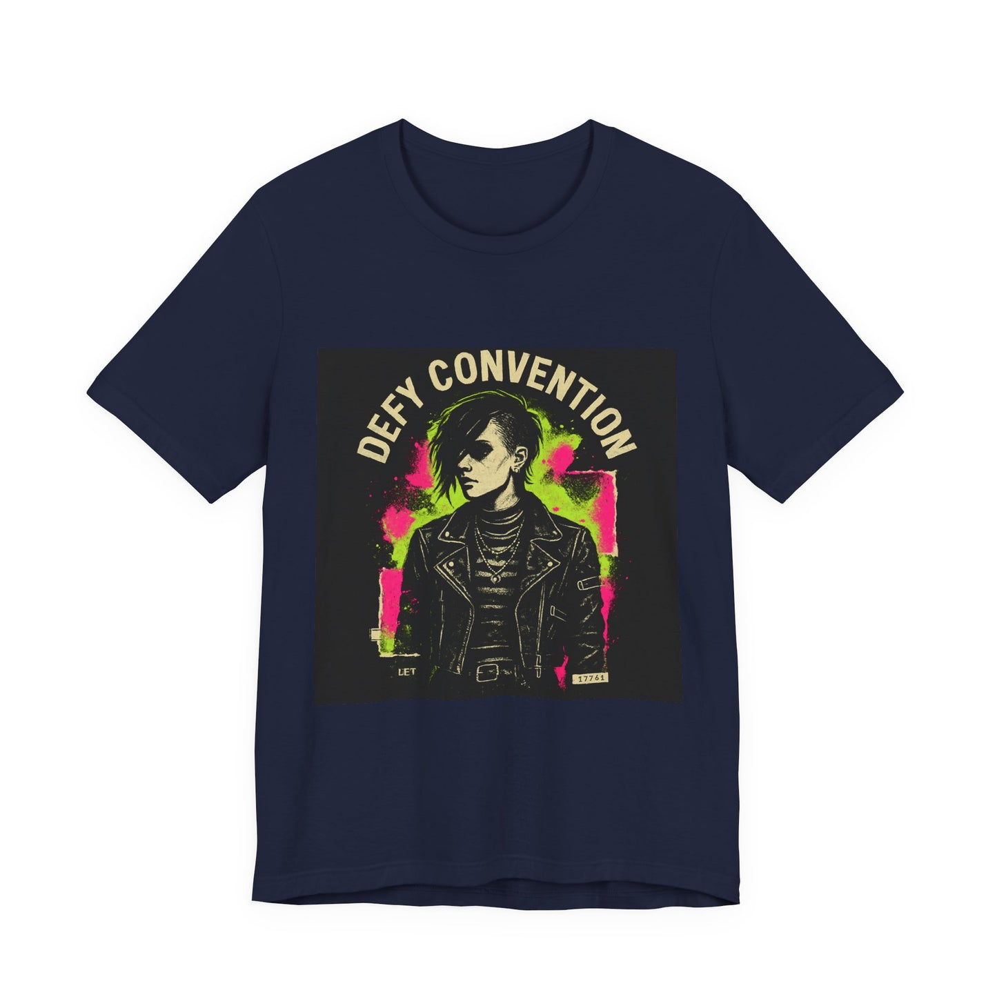 Defy Convention Punk Graphic Tee — Retro Goth Leather Jacket Design