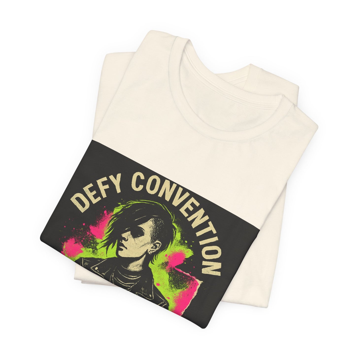 Defy Convention Punk Graphic Tee — Retro Goth Leather Jacket Design