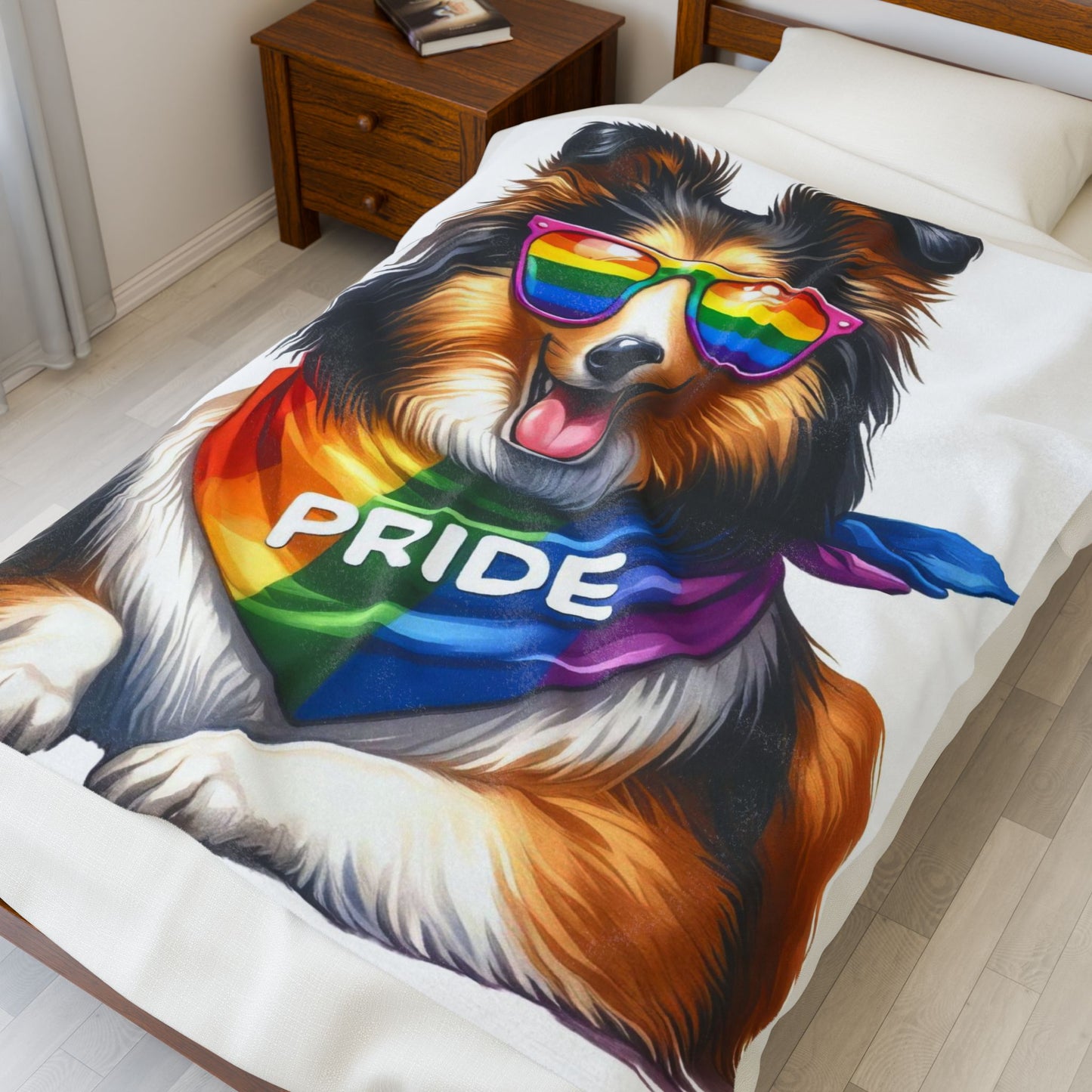 Pride Dog Velveteen Plush Blanket — Rainbow Bandana & Sunglasses Sheltie Throw