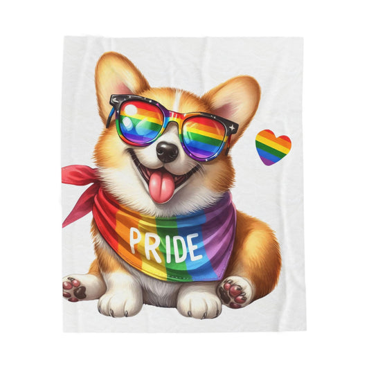 Pride Corgi Velveteen Plush Blanket — Rainbow Sunglasses & 'PRIDE' Bandana Cozy Throw