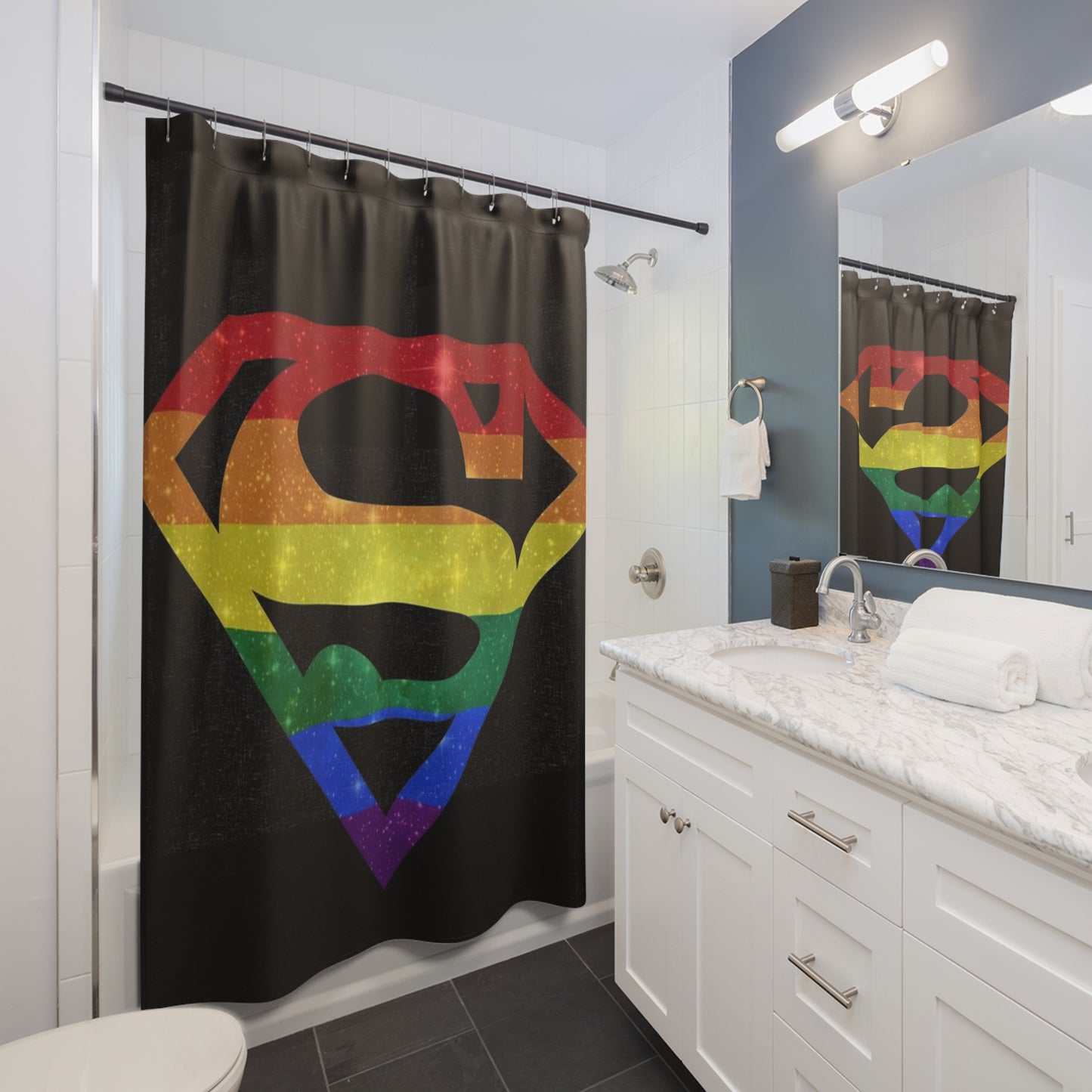 Pride Superhero Shower Curtain — Rainbow S Emblem on Black
