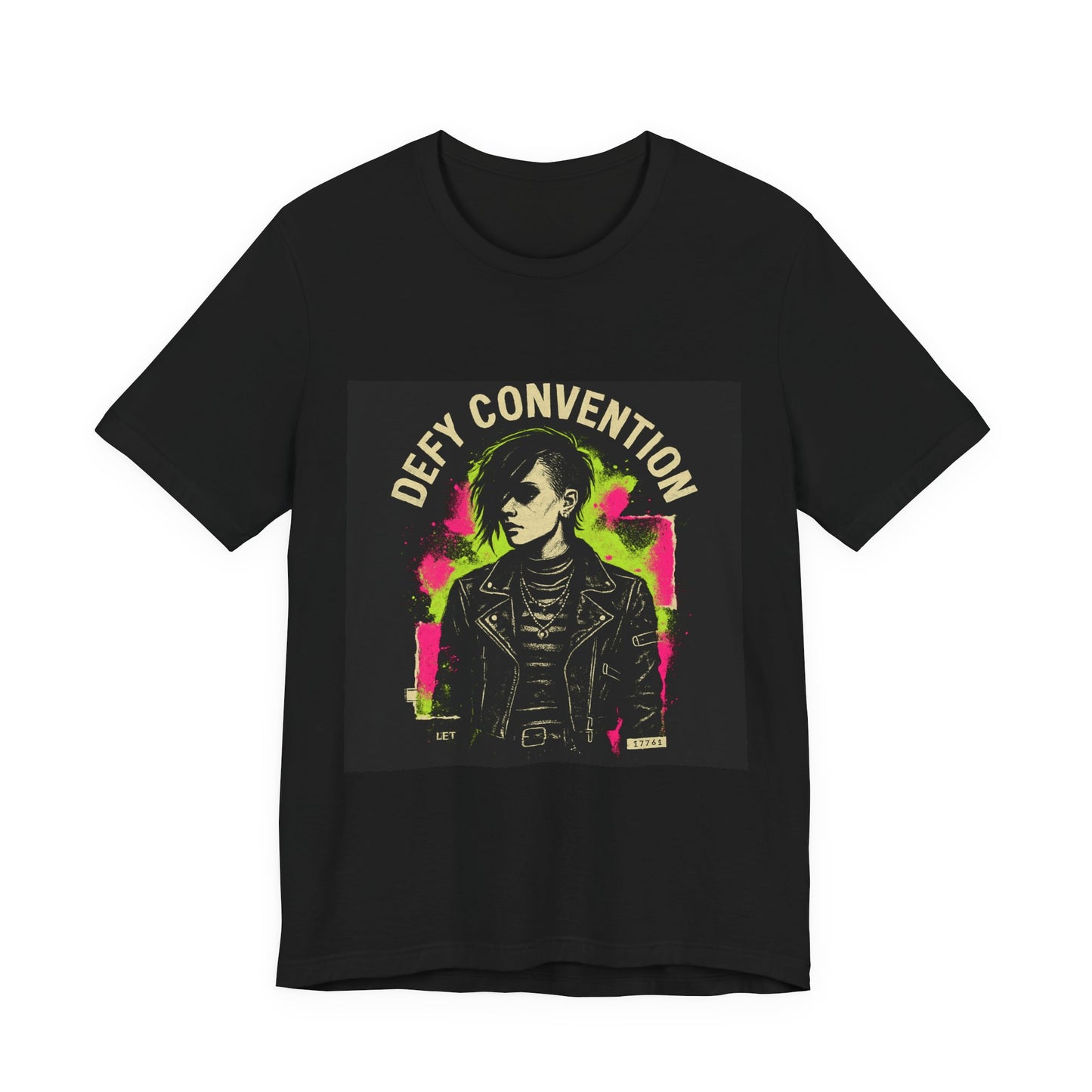 Defy Convention Punk Graphic Tee — Retro Goth Leather Jacket Design