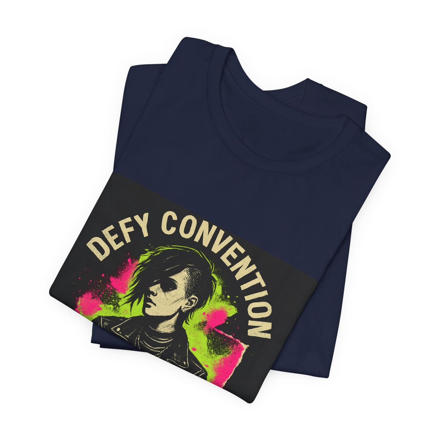 Defy Convention Punk Graphic Tee — Retro Goth Leather Jacket Design