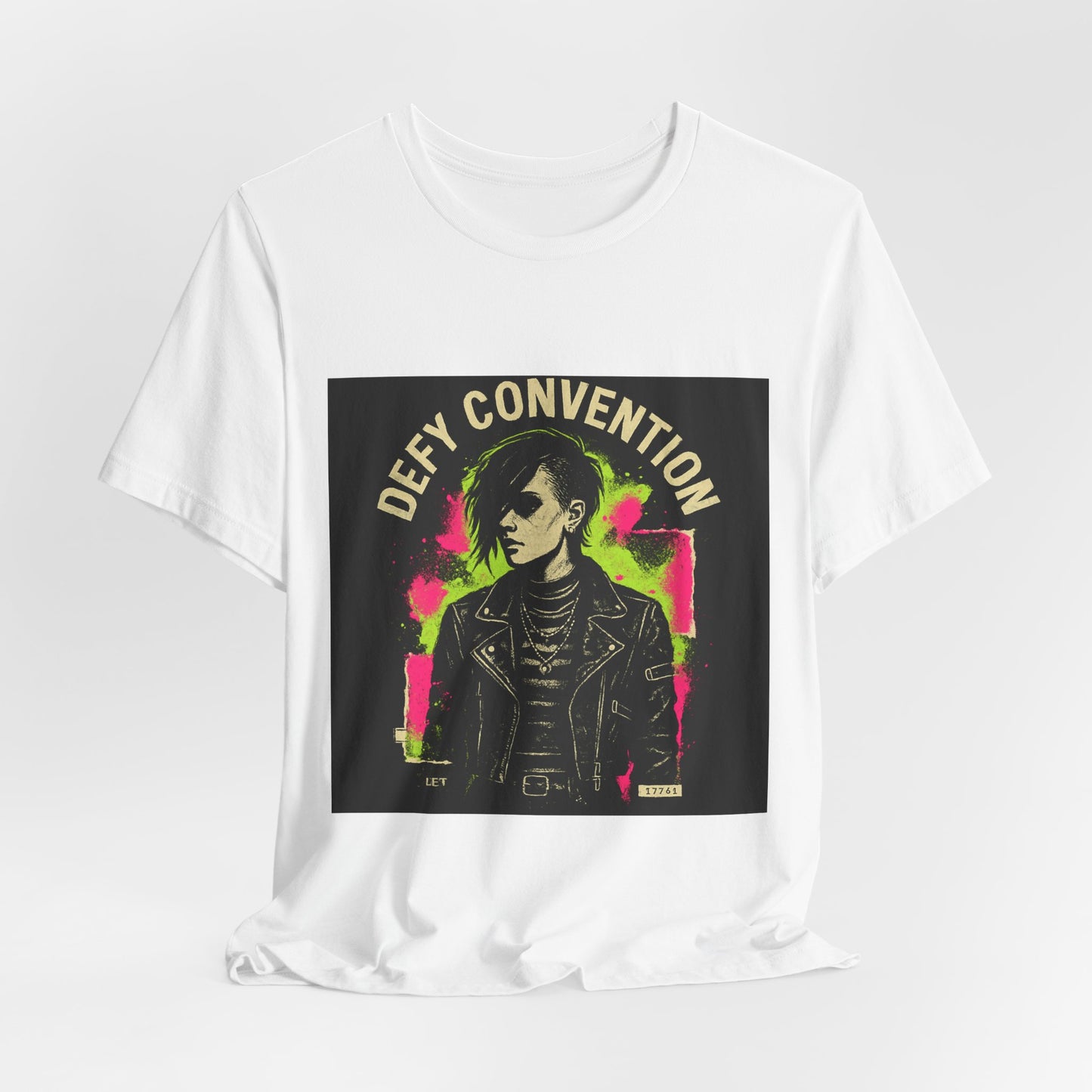 Defy Convention Punk Graphic Tee — Retro Goth Leather Jacket Design