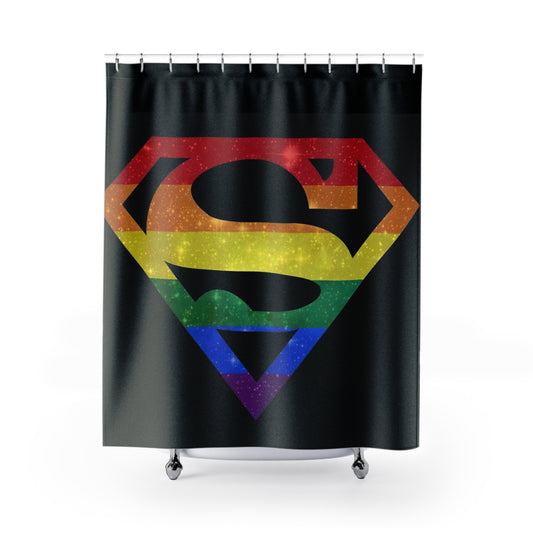 Pride Superhero Shower Curtain — Rainbow S Emblem on Black