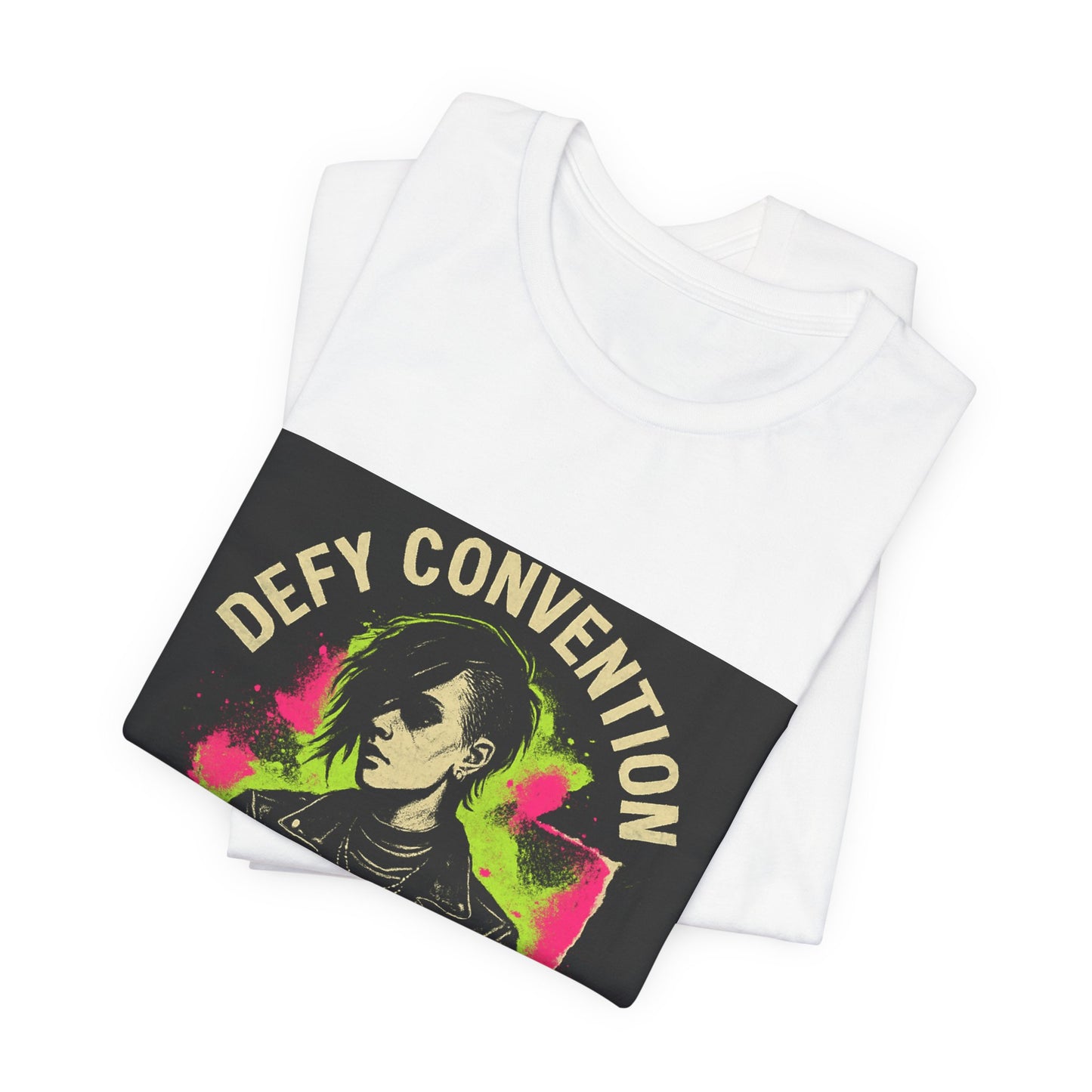 Defy Convention Punk Graphic Tee — Retro Goth Leather Jacket Design