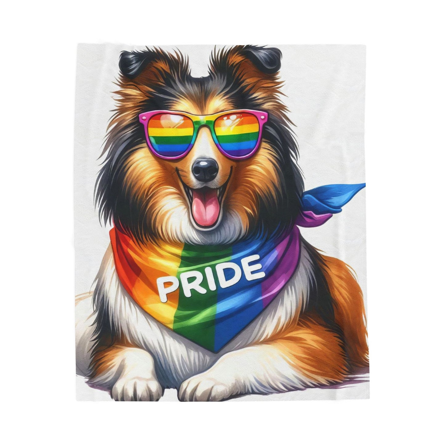 Pride Dog Velveteen Plush Blanket — Rainbow Bandana & Sunglasses Sheltie Throw